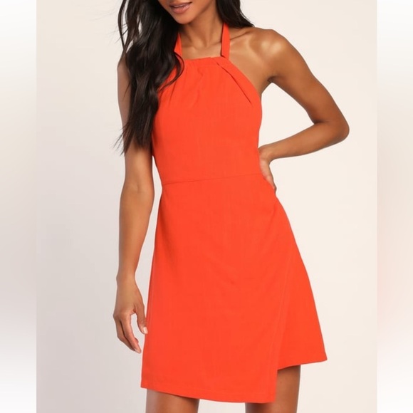 NWT LULUS Totally Darling Orange Halter Open Back Fitted Faux Mini … - Picture 2 of 5